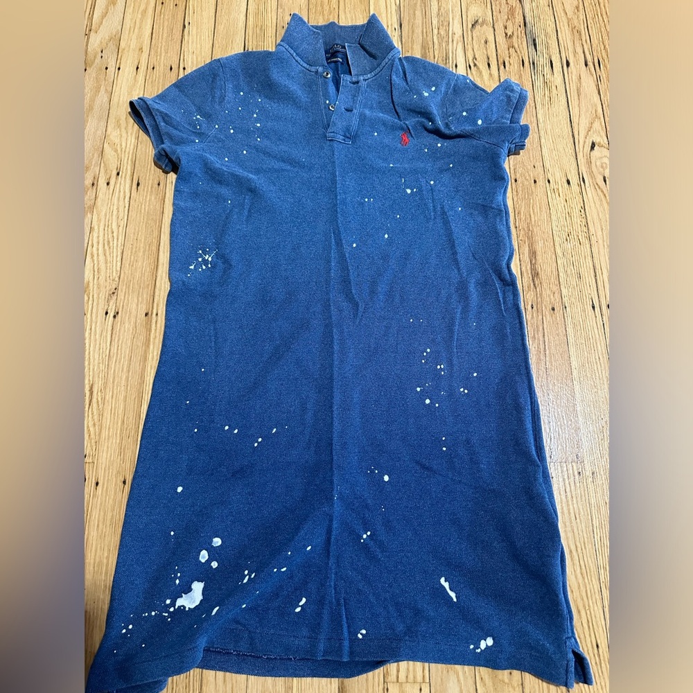 Blue Polo dress with paint splatter. Collar and two buttons. Red horse. Size L